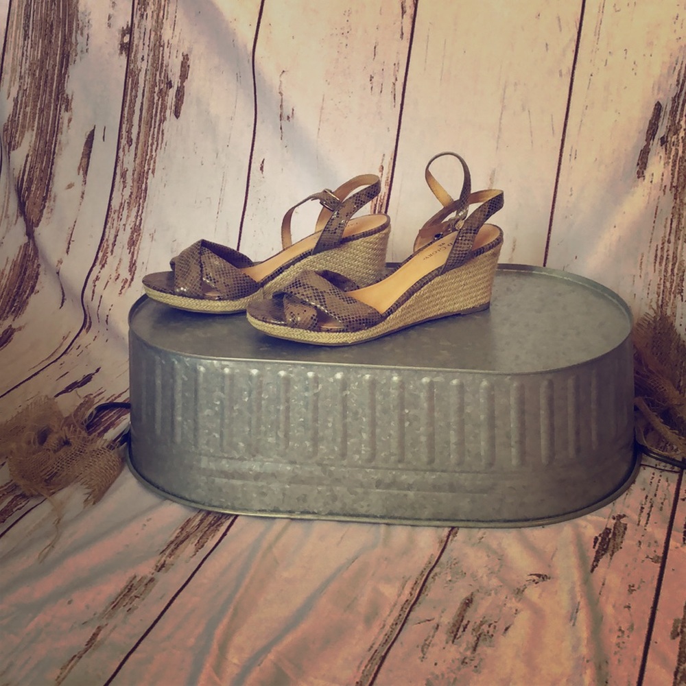 Snakeskin ankle strap wedge sandal